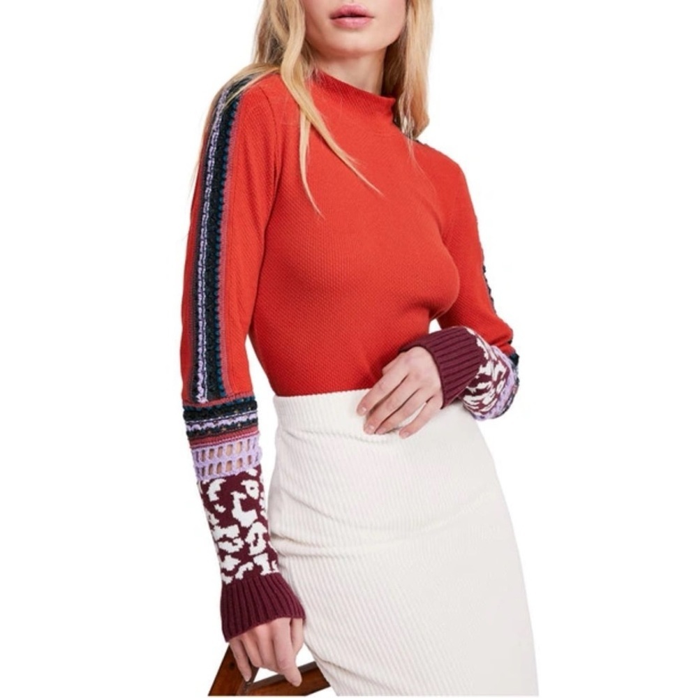 Free People Switch It Up Waffle Thermal Knit Crochet Sleeves